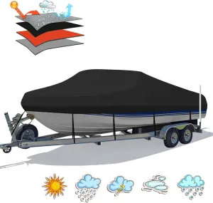 Heavy Duty 1200D PU Waterproof Boat Cover, 20'-22' Trailerable Marine Grade Polyester Canvas, Fits 20-22ft V-Hull, Bass, Runabout, Fishing, Ski Boat with Tightening Strap, Black