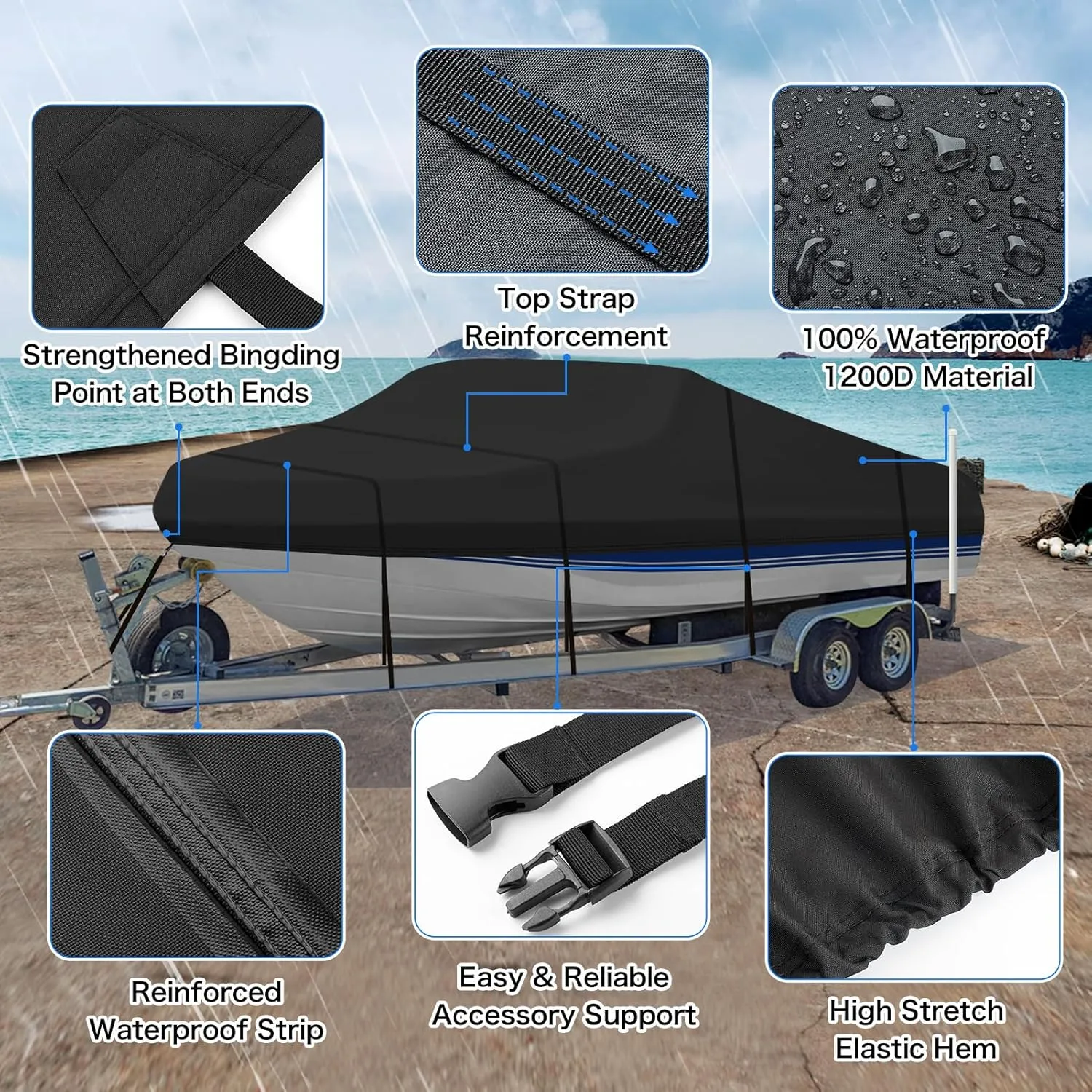 Heavy Duty 1200D PU Waterproof Boat Cover, 20'-22' Trailerable Marine Grade Polyester Canvas, Fits 20-22ft V-Hull, Bass, Runabout, Fishing, Ski Boat with Tightening Strap, Black