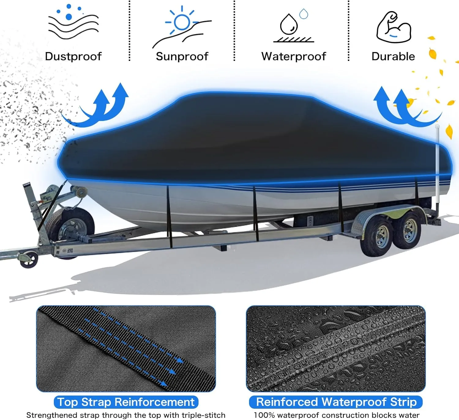 Heavy Duty 1200D PU Waterproof Boat Cover, 20'-22' Trailerable Marine Grade Polyester Canvas, Fits 20-22ft V-Hull, Bass, Runabout, Fishing, Ski Boat with Tightening Strap, Black