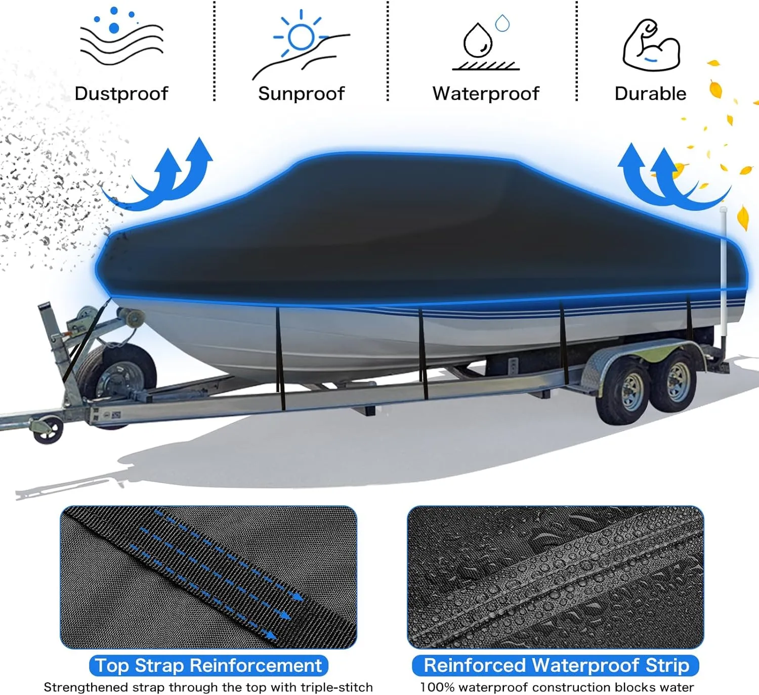 Heavy Duty 1200D PU Waterproof Boat Cover, 23'-24' Trailerable Marine Grade Polyester Canvas, Fits 23-24ft V-Hull, Bass, Runabout, Fishing, Ski Boat with Tightening Strap, Black