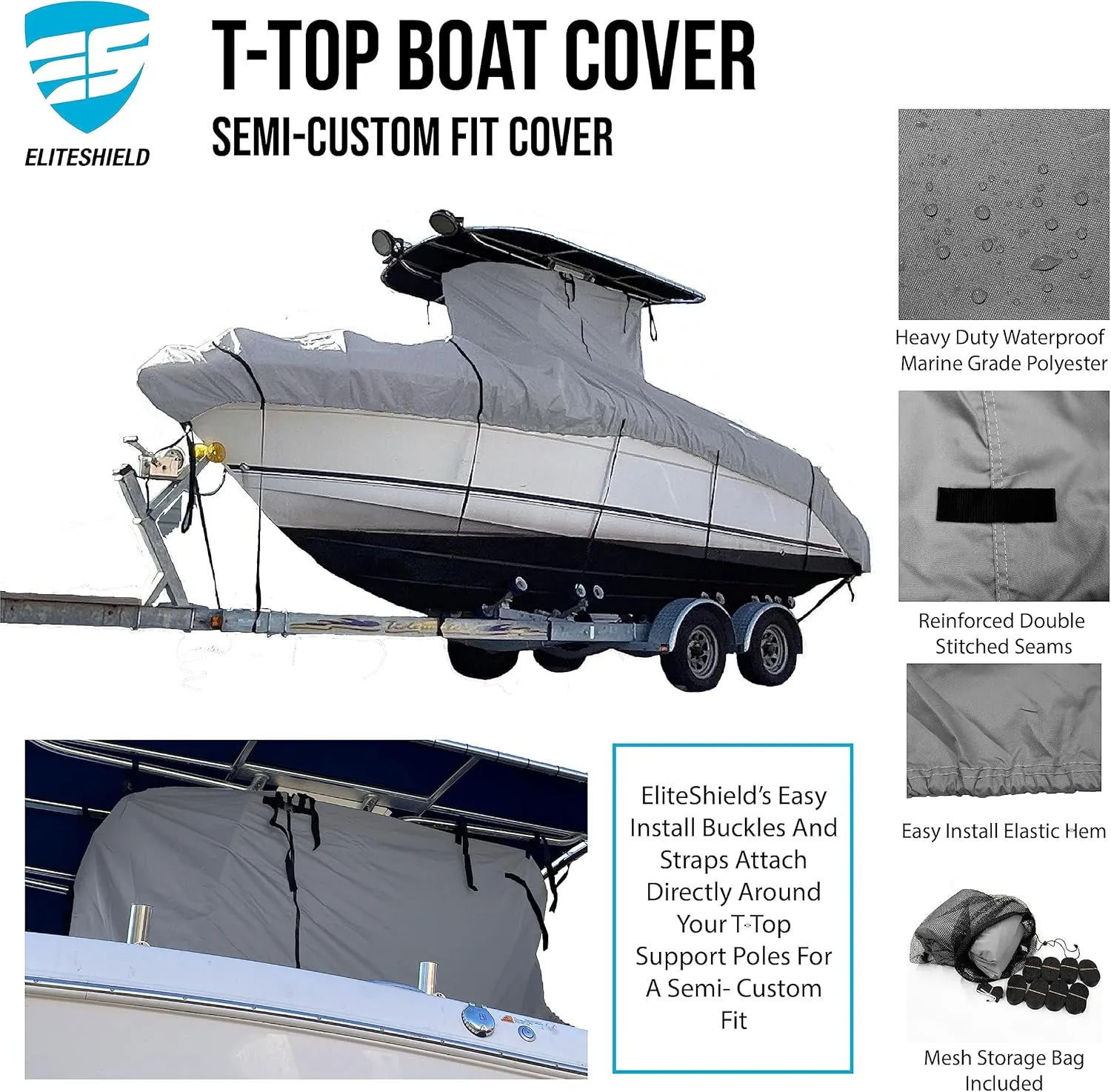 Heavy Duty T-Top Boat Cover, Fits 24ft to 26ft Long Center Console Boat with T-Top Hard-Top, Waterproof Fade Resistant T Top Boat Storage Cover (Gray, Size 4: 24'-26' Long, Beam 112" W)