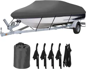Heavy Duty Waterproof Boat Cover 17-19 ft - Trailerable Marine Grade Tarp for V-Hull, Tri-Hull, Bass & Runabout Boats - UV Resistant, All-Weather Protection for Fishing & Skiing (Gray, 14-16ft)