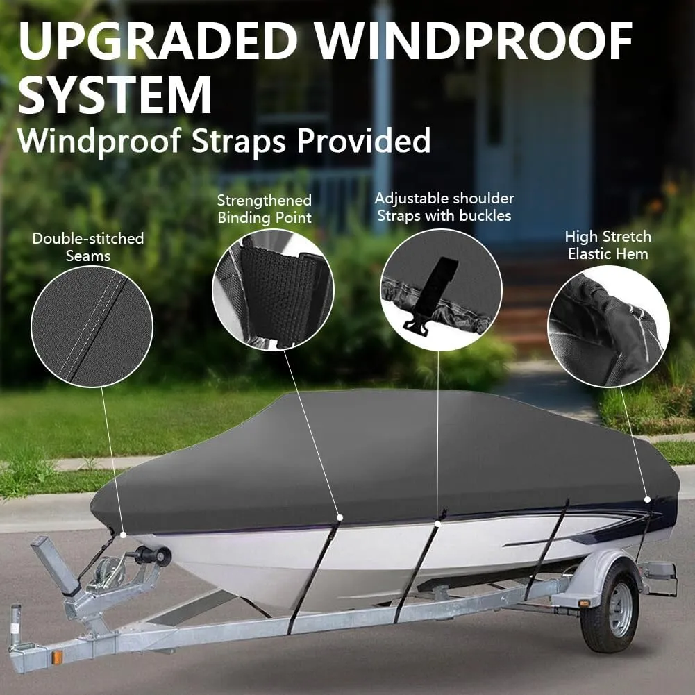 Heavy Duty Waterproof Boat Cover 17-19 ft - Trailerable Marine Grade Tarp for V-Hull, Tri-Hull, Bass & Runabout Boats - UV Resistant, All-Weather Protection for Fishing & Skiing (Gray, 14-16ft)