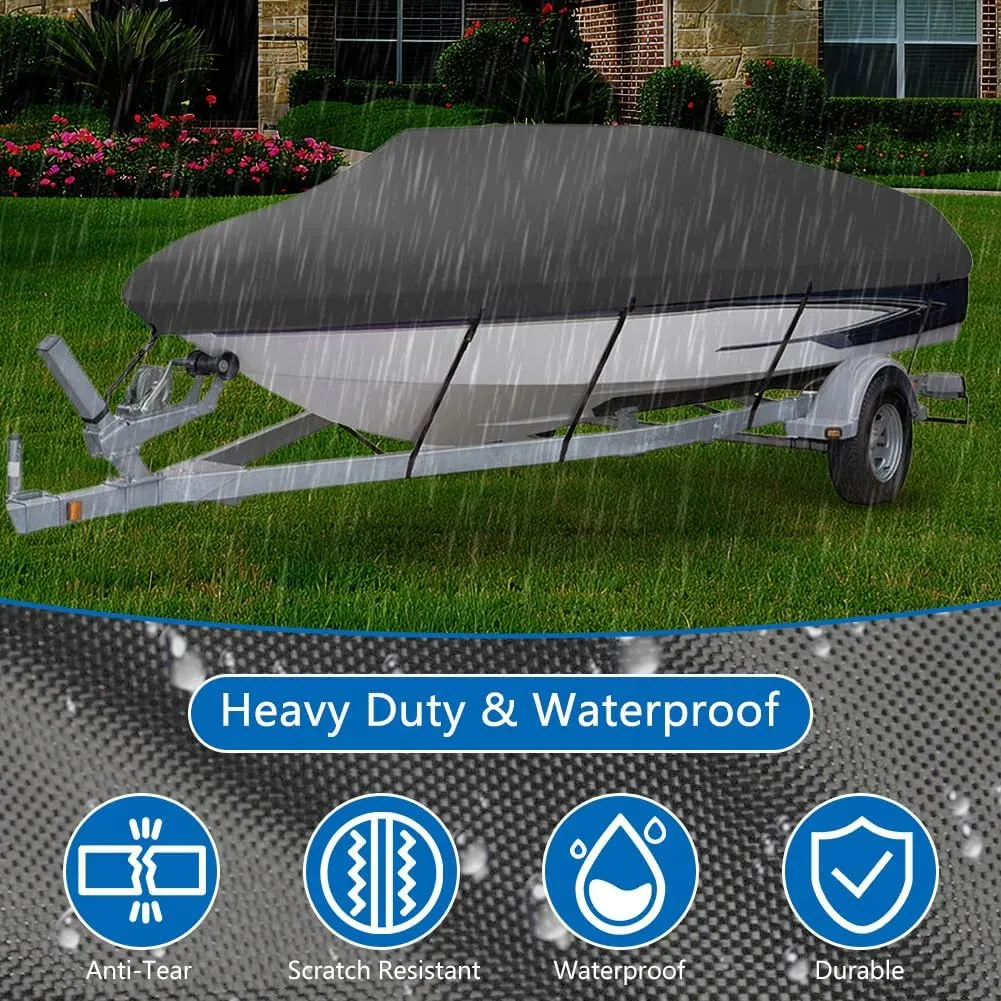 Heavy Duty Waterproof Boat Cover 17-19 ft - Trailerable Marine Grade Tarp for V-Hull, Tri-Hull, Bass & Runabout Boats - UV Resistant, All-Weather Protection for Fishing & Skiing (Gray, 14-16ft)