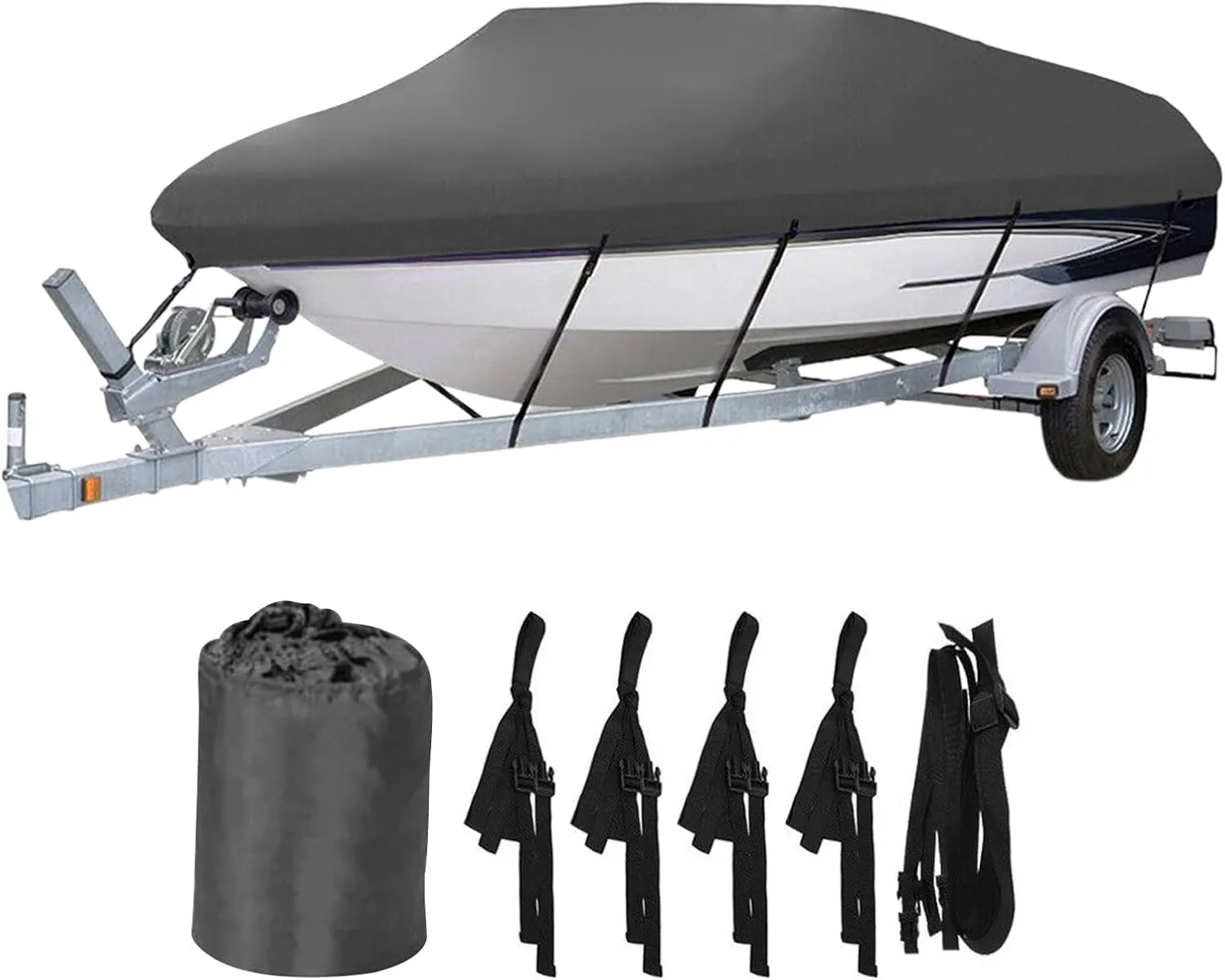 Heavy Duty Waterproof Boat Cover 17-19 ft - Trailerable Marine Grade Tarp for V-Hull, Tri-Hull, Bass & Runabout Boats - UV Resistant, All-Weather Protection for Fishing & Skiing (Gray, 14-16ft)