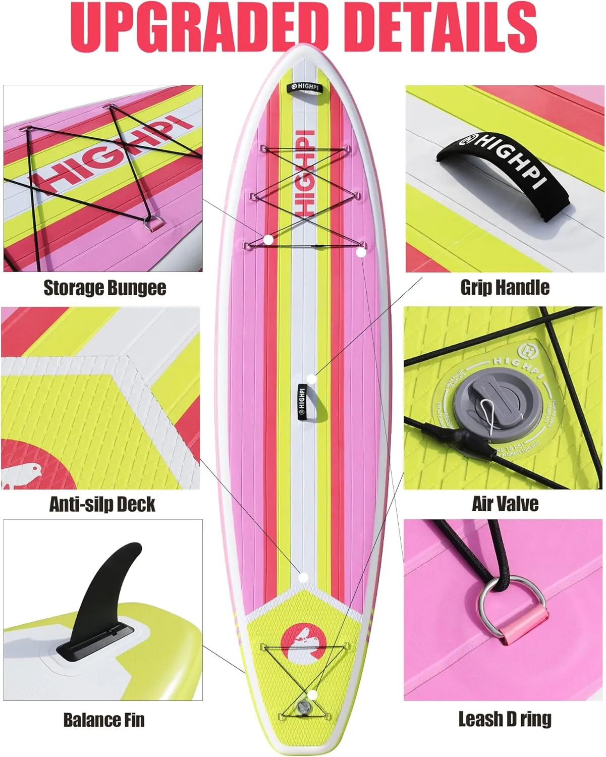 Highpi Inflatable Stand Up Paddle Board Premium SUP Accessories, Backpack, Wide Stance, Surf Control, Non-Slip Deck, Leash, Paddle and Pump, Standing Boat for Youth and Adult