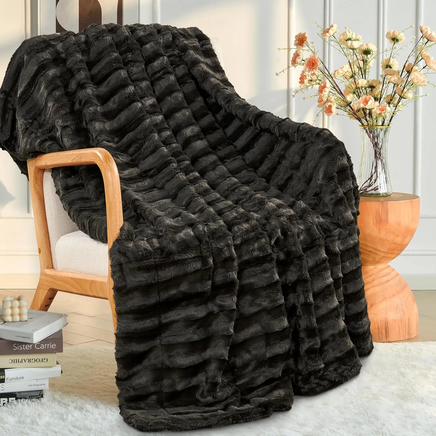 Home Soft Things Derby Double Sided Faux Fur Throw Blanket, Chocolate, 50'' x 60'', Super Soft Comfy Fluffy Plush Bed Couch Cover for All Year Round Accent Home Decoration