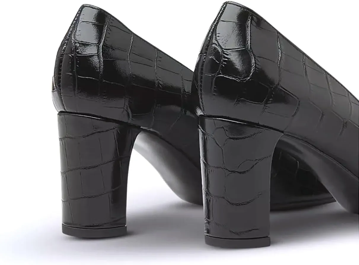 iadore Women Retro Chunky High Heel Shoes Fashion Round Toe Crocodile Pattern Slip on Comfortable Dress Pumps Size 5-12 US