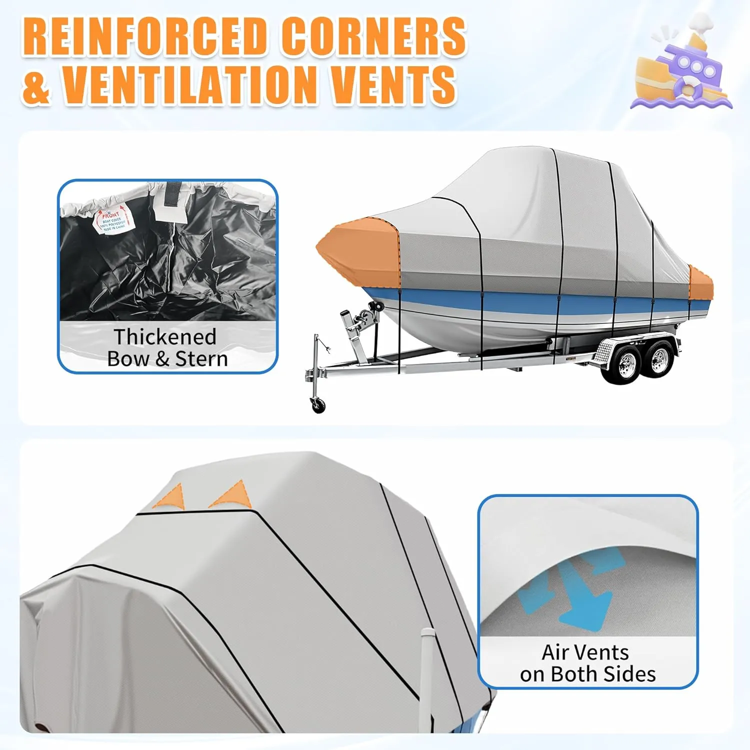 iCOVER T-Top Boat Cover, 600D Heavy Duty Marine Grade Waterproof Tear Resistant, Hard Top/T Top Boat Cover for Center Console Boat with T TOP Roof, Fits 20'-22' Long Beam Width up to 106", Grey