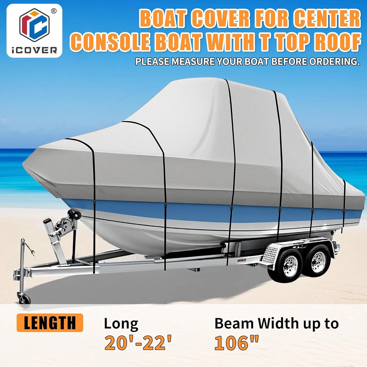 iCOVER T-Top Boat Cover, 600D Heavy Duty Marine Grade Waterproof Tear Resistant, Hard Top/T Top Boat Cover for Center Console Boat with T TOP Roof, Fits 20'-22' Long Beam Width up to 106", Grey