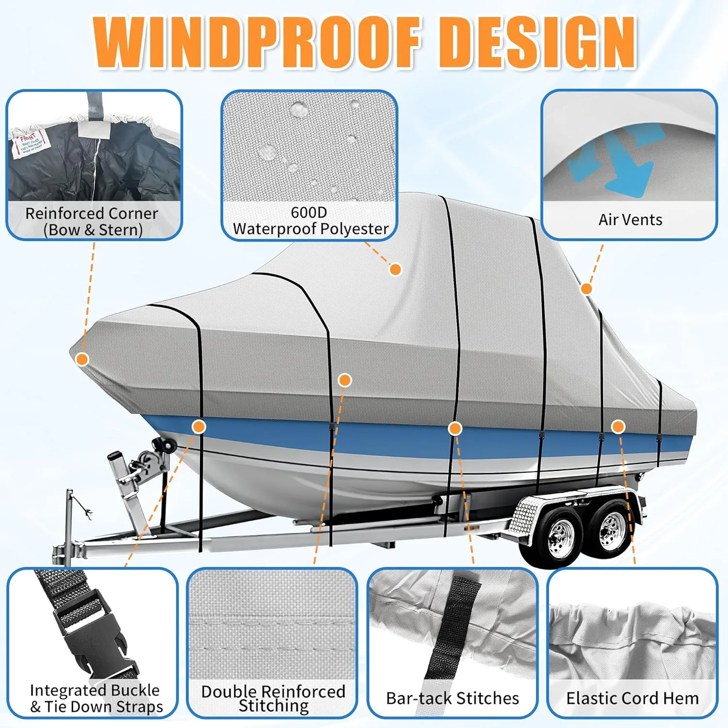 iCOVER T-Top Boat Cover, 600D Heavy Duty Marine Grade Waterproof Tear Resistant, Hard Top/T Top Boat Cover for Center Console Boat with T TOP Roof, Fits 22'-24' Long Beam Width up to 106", Grey