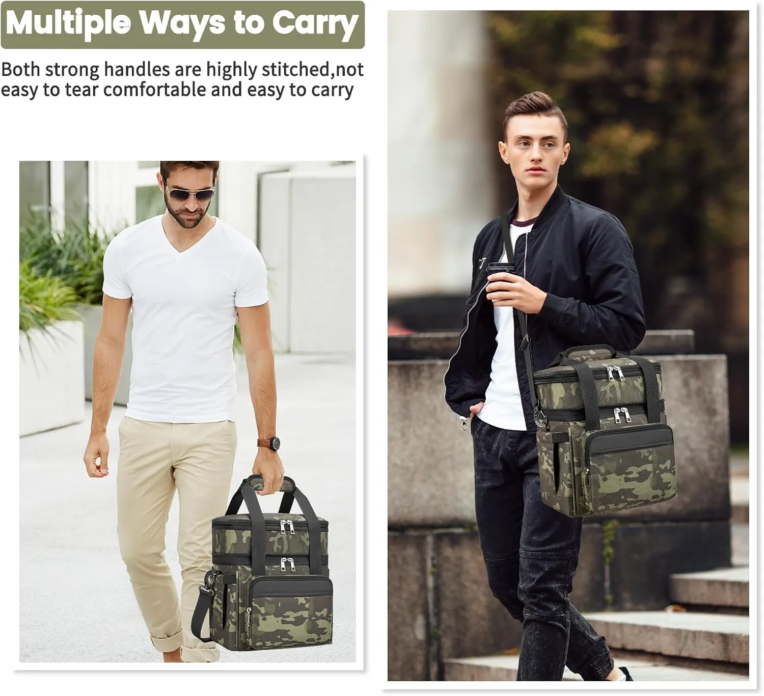 Insulated Lunch Bag & Lunch Box for Men - Double Deck Reusable Lunch Bag for Women Tote Cooler Bag Leakproof Soft Expandable - Extra Large Lunchbox for Work/Adult/Picnic/Outdoor (Camo，22L)