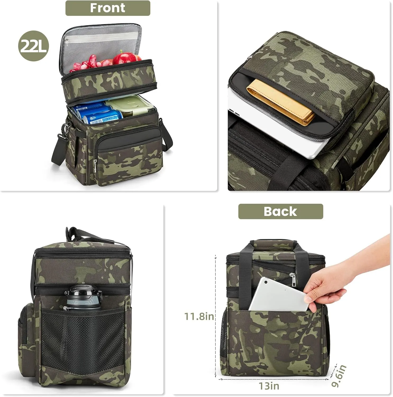 Insulated Lunch Bag & Lunch Box for Men - Double Deck Reusable Lunch Bag for Women Tote Cooler Bag Leakproof Soft Expandable - Extra Large Lunchbox for Work/Adult/Picnic/Outdoor (Camo，22L)