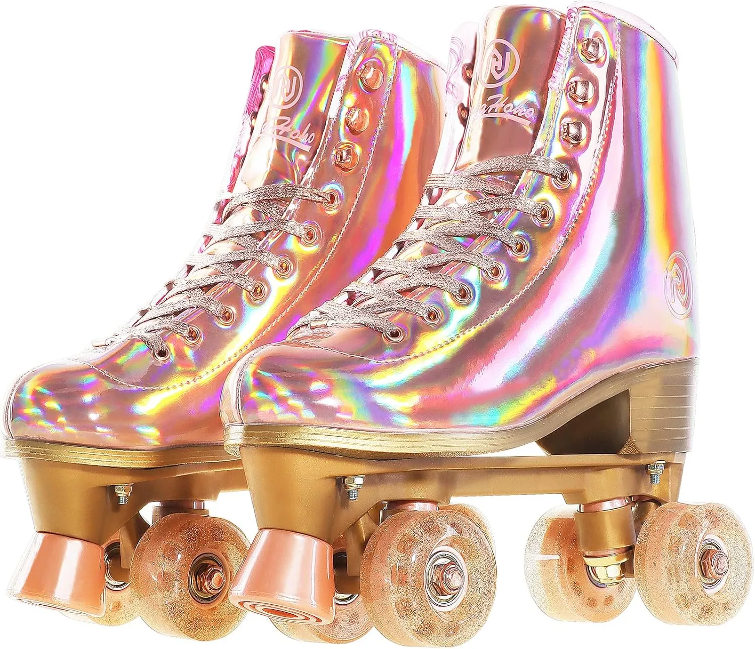 JajaHoho Roller Skates for Women, Holographic High Top PU Leather Rollerskates, Shiny Double-Row Four Wheels Quad Skates for Girls and Age 8-50 Indoor (Pink Rose Gold)