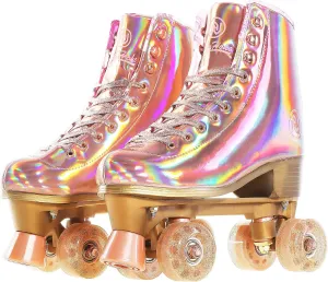JajaHoho Roller Skates for Women, Holographic High Top PU Leather Rollerskates, Shiny Double-Row Four Wheels Quad Skates for Girls and Age 8-50 Indoor (Pink Rose Gold)