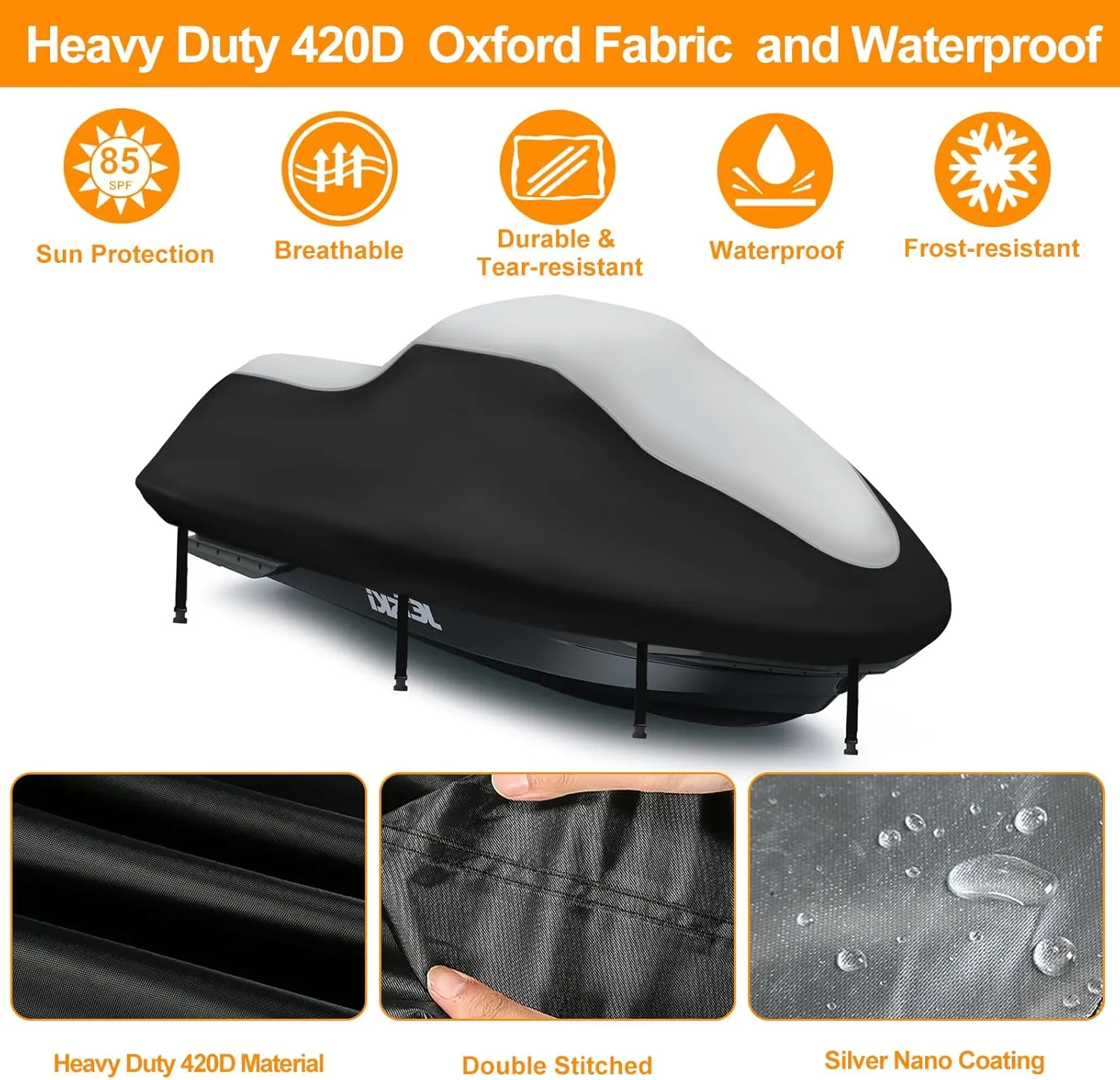 Jet Ski Cover 3 Seater,Upgraded 420D Heavy Duty Waterproof Waverunner Cover,2 Air Vent Marine Grade UV Resistant for Seadoo,Kawasaki,Waverunner Polaris from 116" to 125"(Silver Black)
