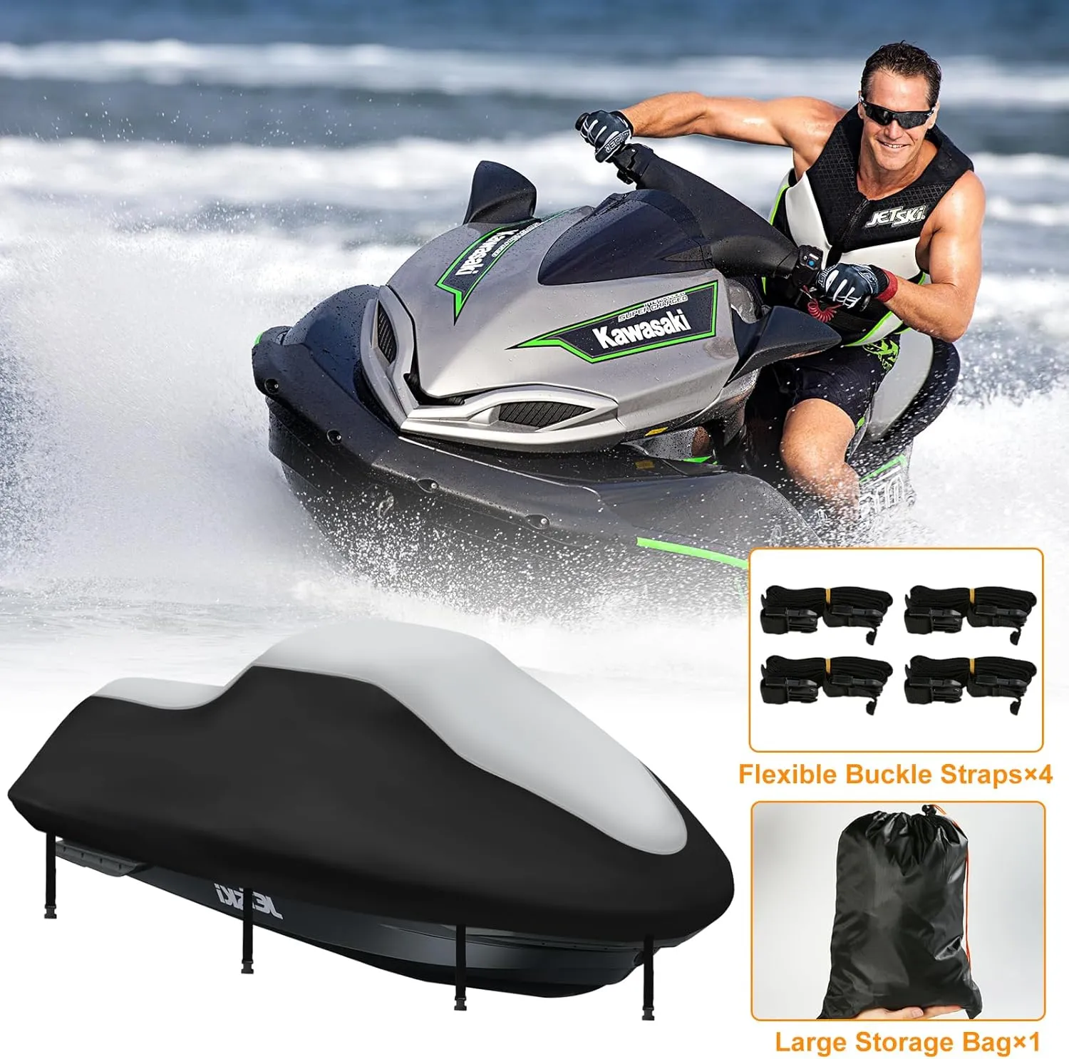 Jet Ski Cover 3 Seater,Upgraded 420D Heavy Duty Waterproof Waverunner Cover,2 Air Vent Marine Grade UV Resistant for Seadoo,Kawasaki,Waverunner Polaris from 116" to 125"(Silver Black)