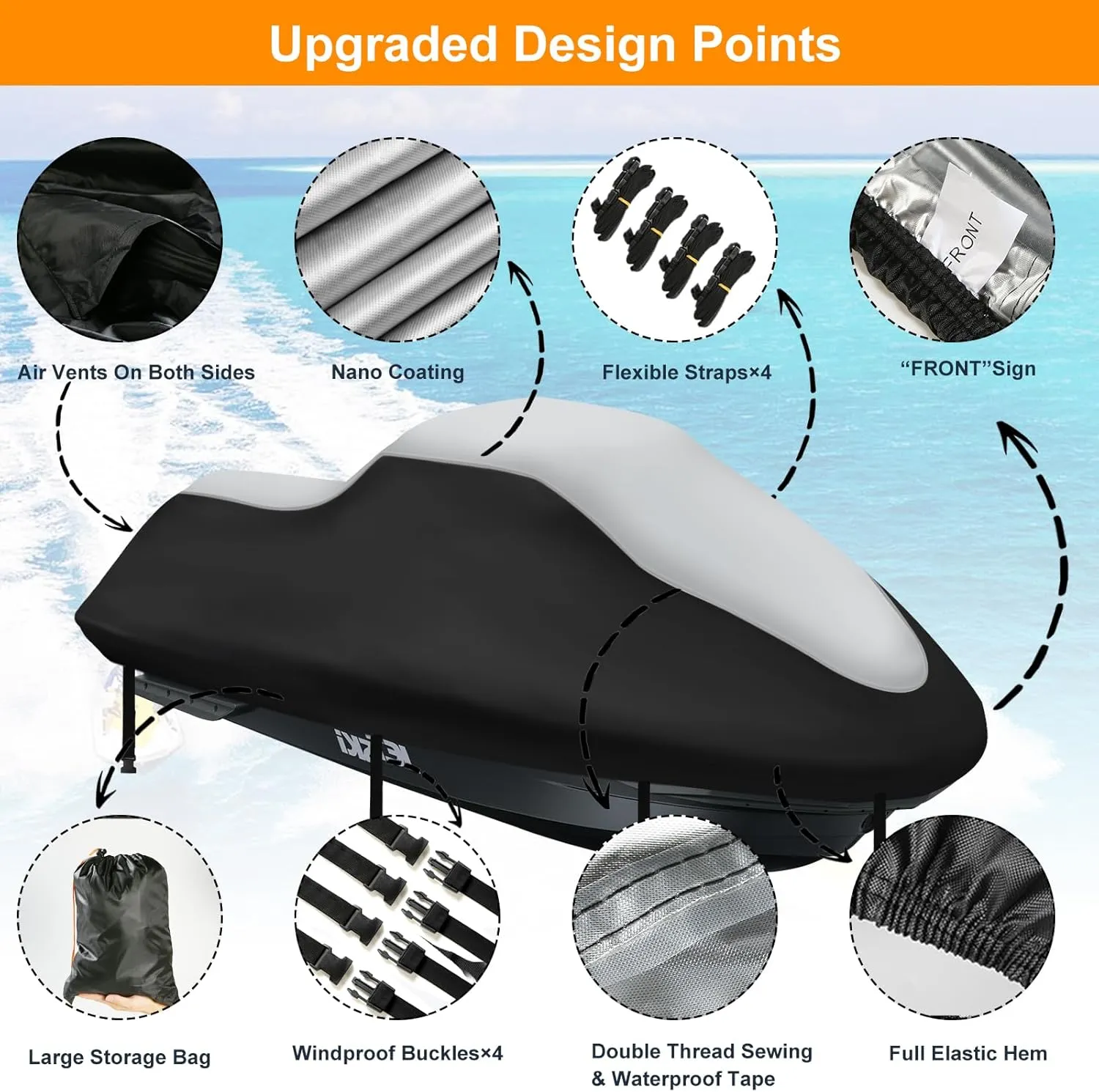 Jet Ski Cover 3 Seater,Upgraded 420D Heavy Duty Waterproof Waverunner Cover,2 Air Vent Marine Grade UV Resistant for Seadoo,Kawasaki,Waverunner Polaris from 116" to 125"(Silver Black)