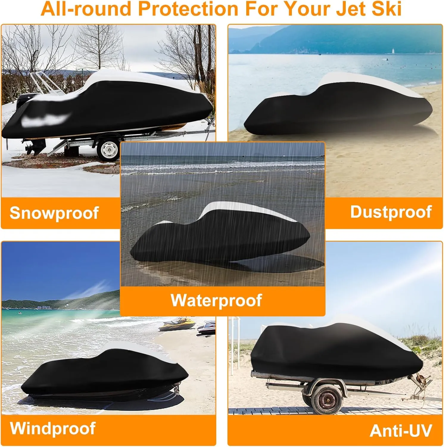 Jet Ski Cover 3 Seater,Upgraded 420D Heavy Duty Waterproof Waverunner Cover,2 Air Vent Marine Grade UV Resistant for Seadoo,Kawasaki,Waverunner Polaris from 116" to 125"(Silver Black)