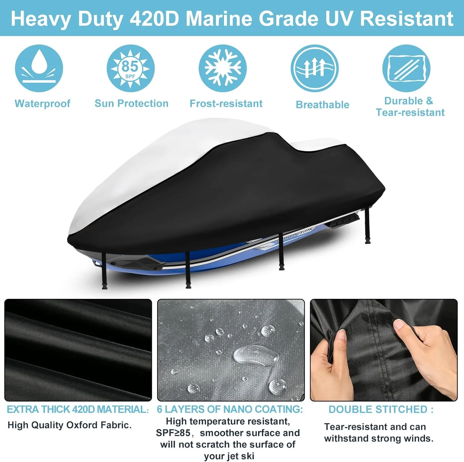 Jet Ski Waterproof Cover,Upgraded Heavy Duty 420D PWC Cover with 2 Air Vent Marine Grade UV Resistant for Seadoo,Yamaha, Kawasaki,Waverunner Polaris from 121" to 135"(Silver Black)