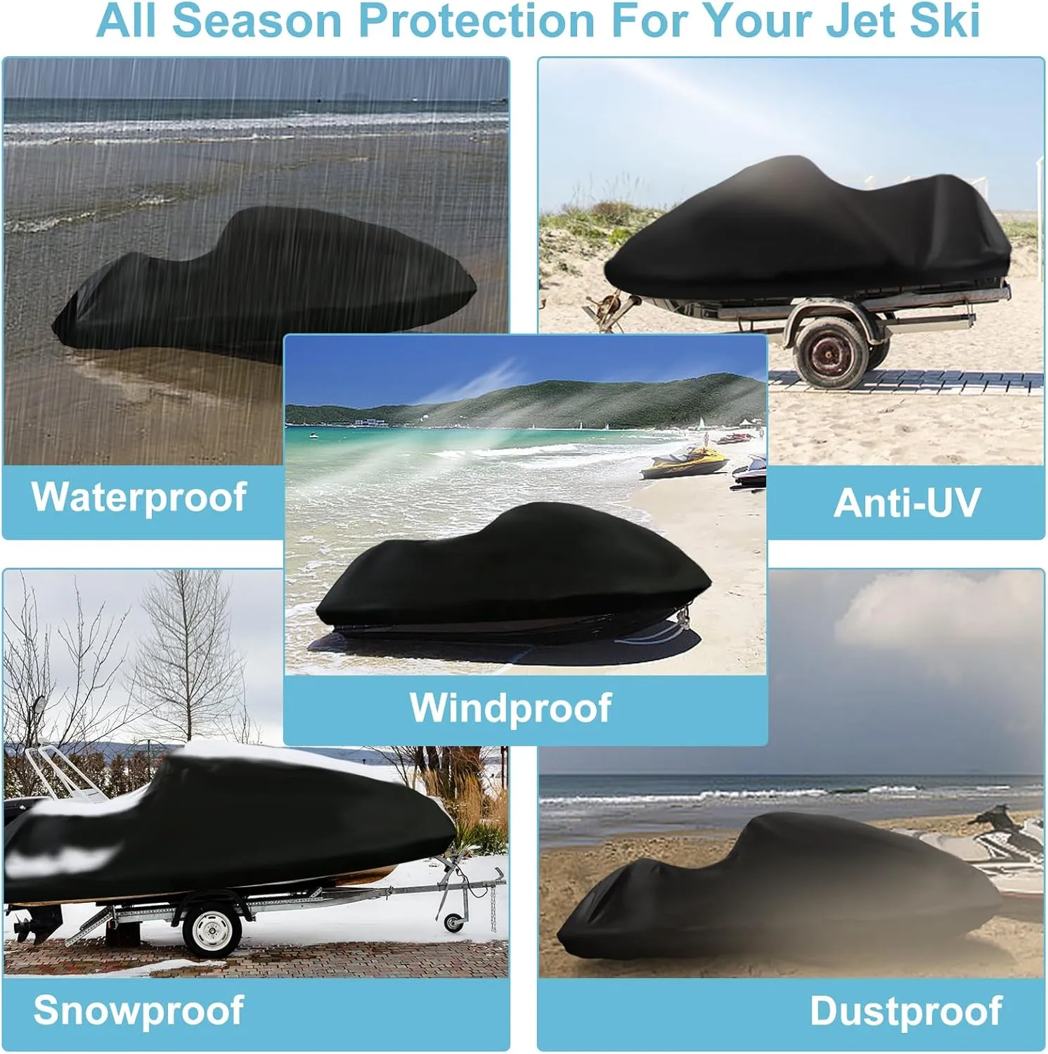 Jet Ski Waterproof Cover,Upgraded Heavy Duty 420D PWC Cover with 2 Air Vent Marine Grade UV Resistant for Seadoo,Yamaha, Kawasaki,Waverunner Polaris from 121" to 135"(Silver Black)