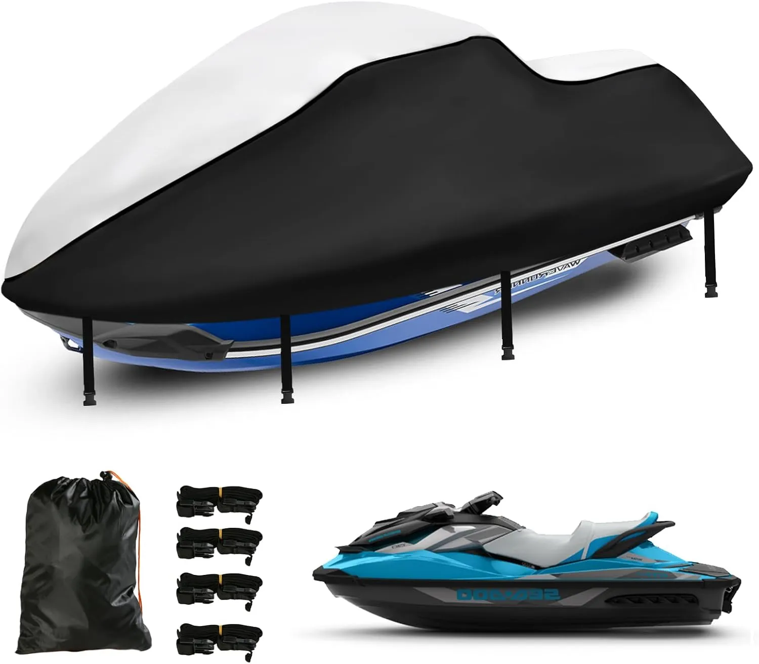 Jet Ski Waterproof Cover,Upgraded Heavy Duty 420D PWC Cover with 2 Air Vent Marine Grade UV Resistant for Seadoo,Yamaha, Kawasaki,Waverunner Polaris from 121" to 135"(Silver Black)