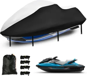 Jet Ski Waterproof Cover,Upgraded Heavy Duty 420D PWC Cover with 2 Air Vent Marine Grade UV Resistant for Seadoo,Yamaha, Kawasaki,Waverunner Polaris from 121" to 135"(Silver Black)