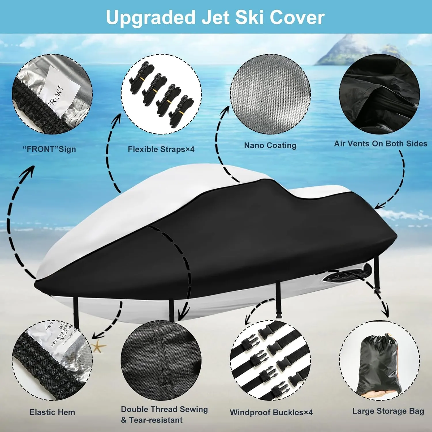 Jet Ski Waterproof Cover,Upgraded Heavy Duty 420D PWC Cover with 2 Air Vent Marine Grade UV Resistant for Seadoo,Yamaha, Kawasaki,Waverunner Polaris from 121" to 135"(Silver Black)