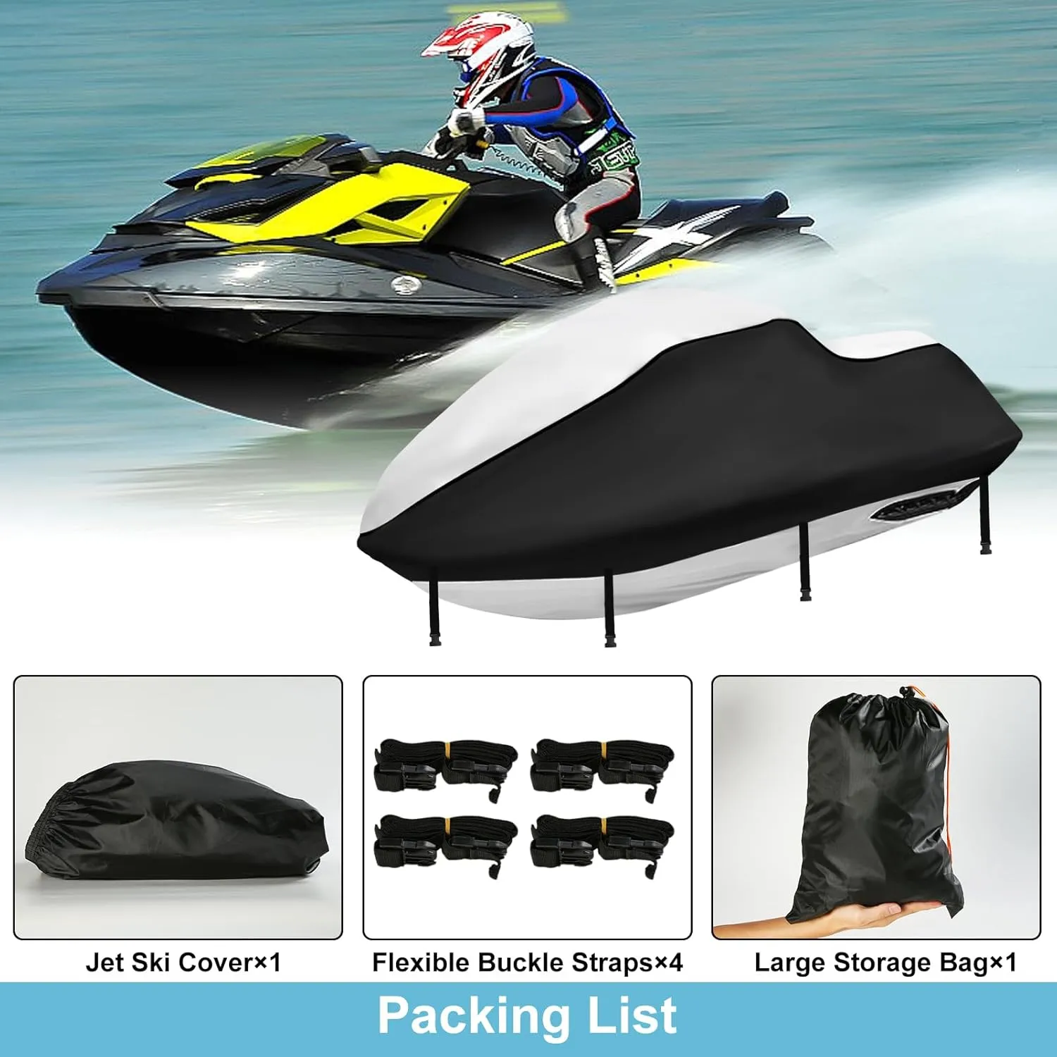 Jet Ski Waterproof Cover,Upgraded Heavy Duty 420D PWC Cover with 2 Air Vent Marine Grade UV Resistant for Seadoo,Yamaha, Kawasaki,Waverunner Polaris from 121" to 135"(Silver Black)