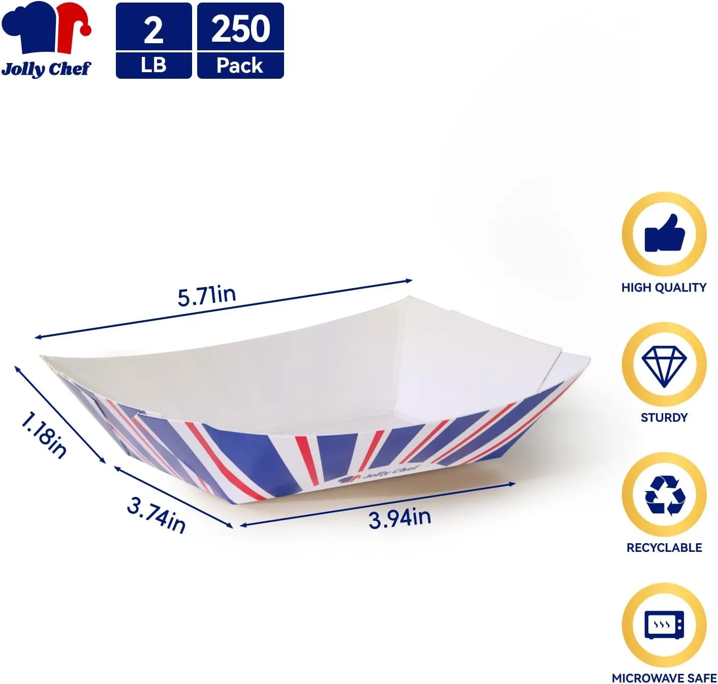 JOLLY CHEF 2lb Paper Food Trays, 250 Pack Paper Food Boats Disposable Serving Boats,Food Holder Trays for Snacks French Fries Nachos Hot Dog Tacos BBQ Party