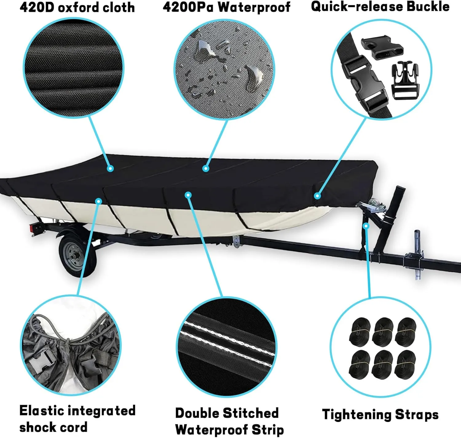 Jon Boat Cover 12ft 420D Marine Grade Waterproof UV Resistant Jon Boat Upgraded Version 12 Foot with Adjustable Side Straps Scratch-Resistant All-Weather Protection-Black