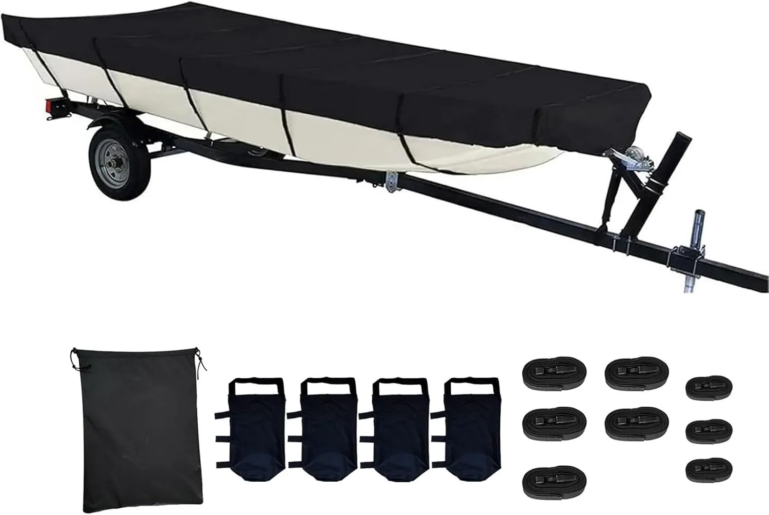 Jon Boat Cover 12ft 420D Marine Grade Waterproof UV Resistant Jon Boat Upgraded Version 12 Foot with Adjustable Side Straps Scratch-Resistant All-Weather Protection-Black