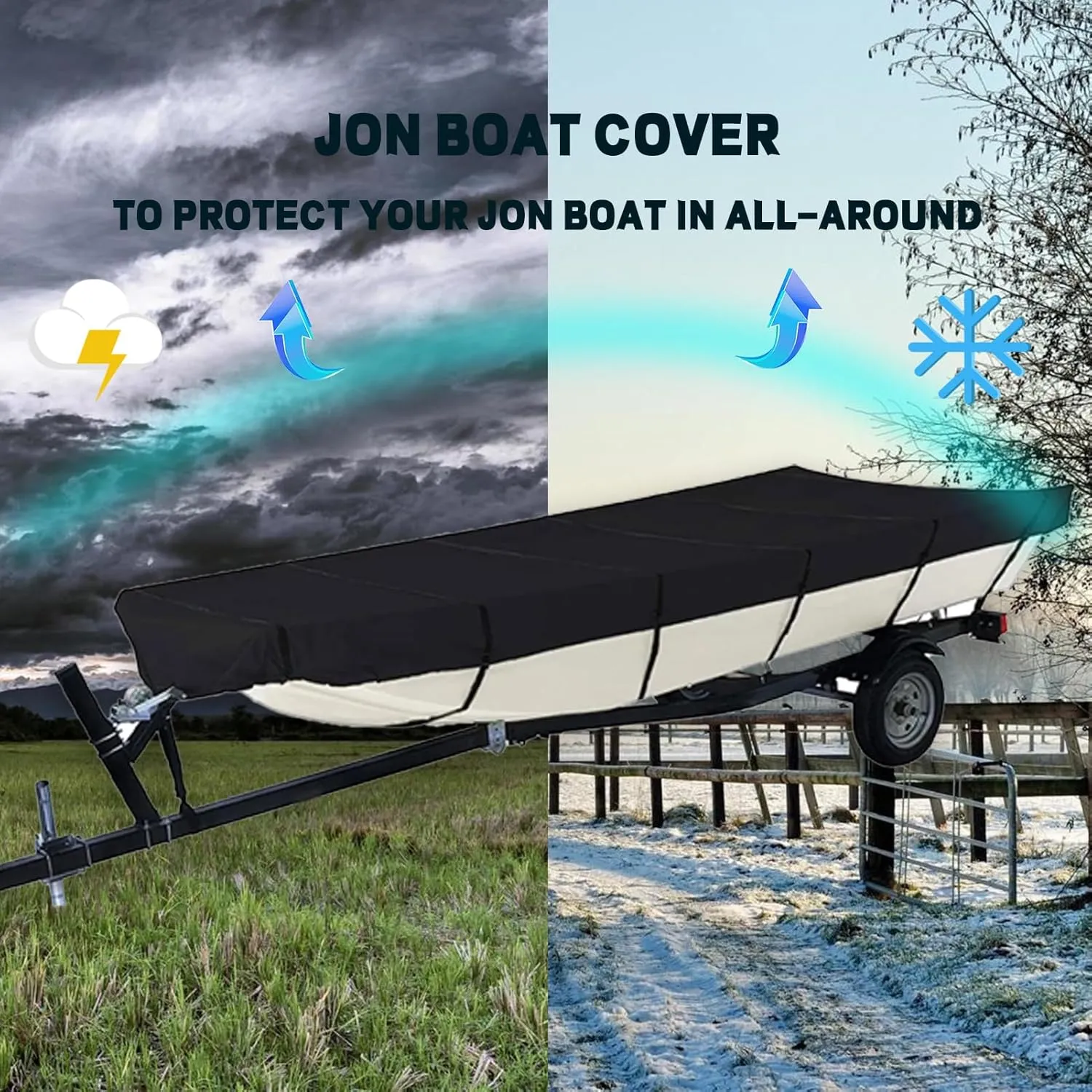 Jon Boat Cover 12ft 420D Marine Grade Waterproof UV Resistant Jon Boat Upgraded Version 12 Foot with Adjustable Side Straps Scratch-Resistant All-Weather Protection-Black