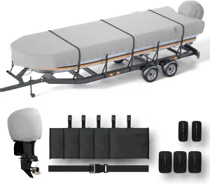 Jon Boat Cover 14ft with Motor Cover, 900D Heavy Duty Marine Grade Polyester Fabric, Waterproof UV Resistant Mooring Jon Boat Cover with Sand Bag, Gray