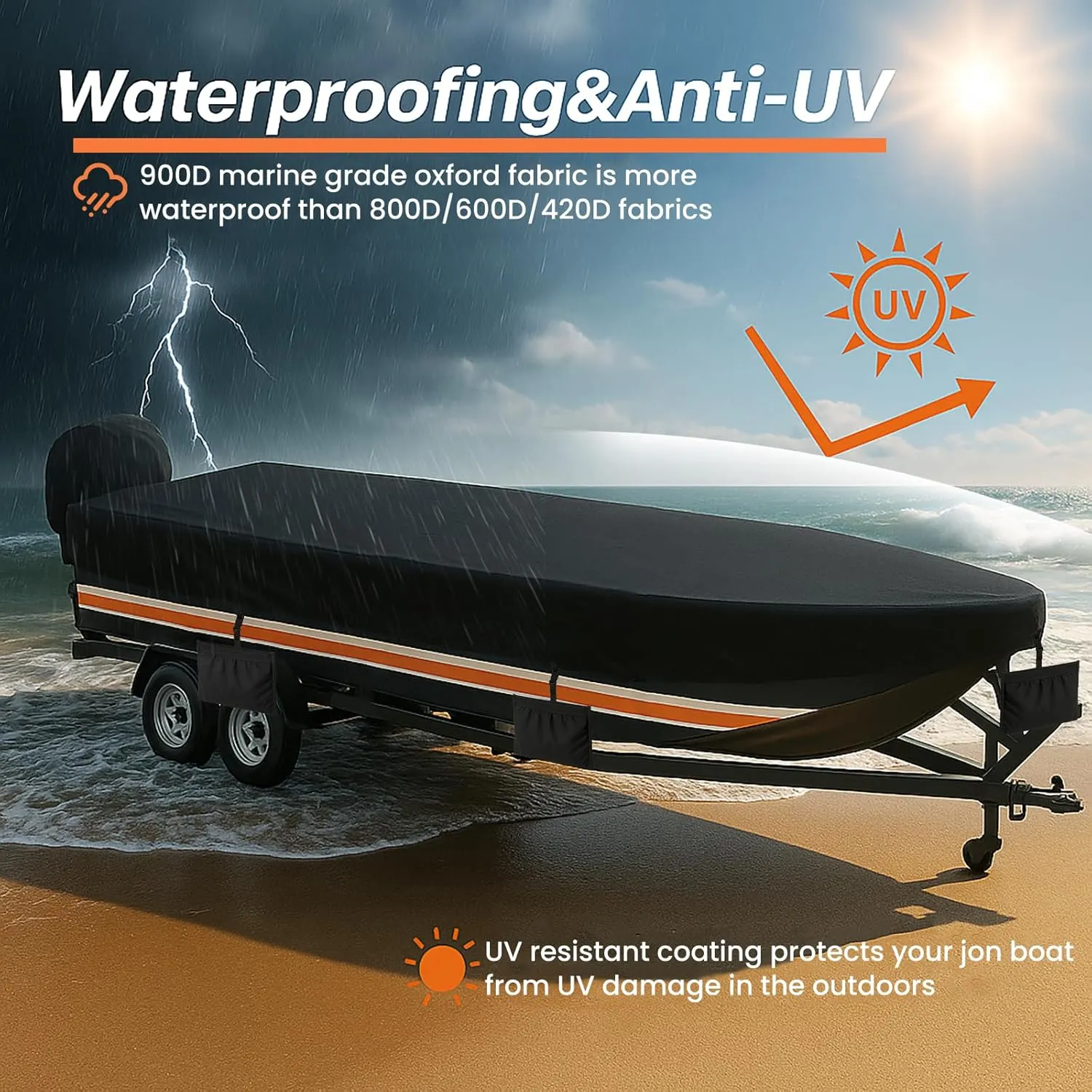 Jon Boat Cover 18ft with Motor Cover, 900D Heavy Duty Marine Grade Polyester Fabric, Waterproof UV Resistant Mooring Jon Boat Cover with Sand Bag, Black(No Straps)