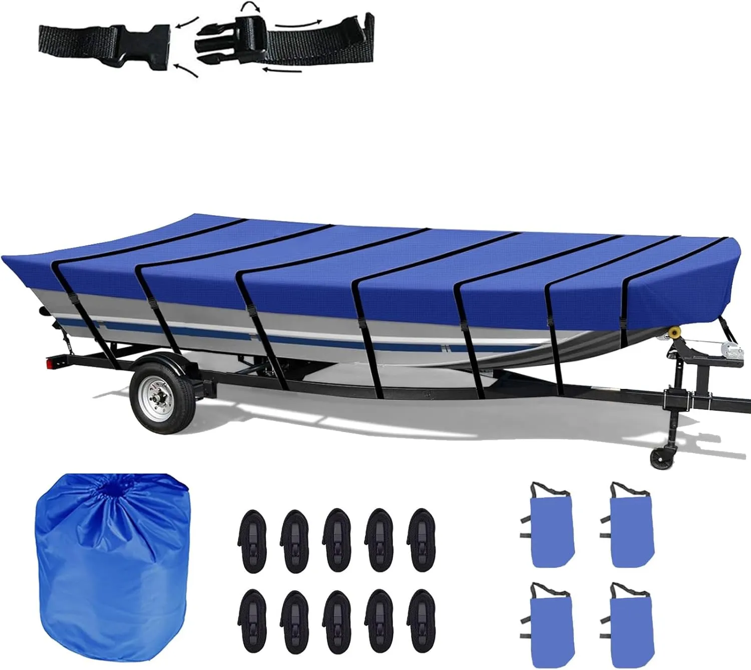 Jon Boat Cover 420D 18ft Heavy Duty Trailerable Jon Boat Cover Waterproof UV Resistant Marine Grade Reinforced Adjustable Side Straps (Blue, 18ft Long,Beam Width up to 75in)