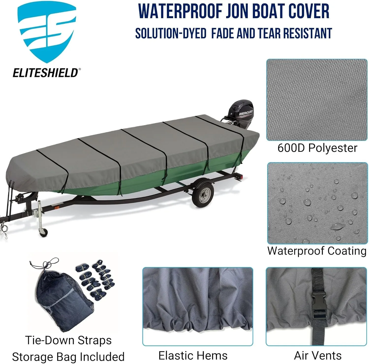 Jon Boat Cover, 600D Marine Grade Solution-Dyed Polyester Fade and Tear Resistant, Heavy Duty Waterproof and UV Protection Trailerable Jon Boat Cover 14ft Long