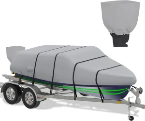 K-Musculo Boat Cover, 17-19 ft Heavy Duty 800D Waterproof Boat Cover, Tear UV Resistant Boat Cover with Motor Cover, Fits V-Hull, Tri-Hull, Runabout Boat Cover (Boat Width 96in, Grey), BC-Grey-19-96