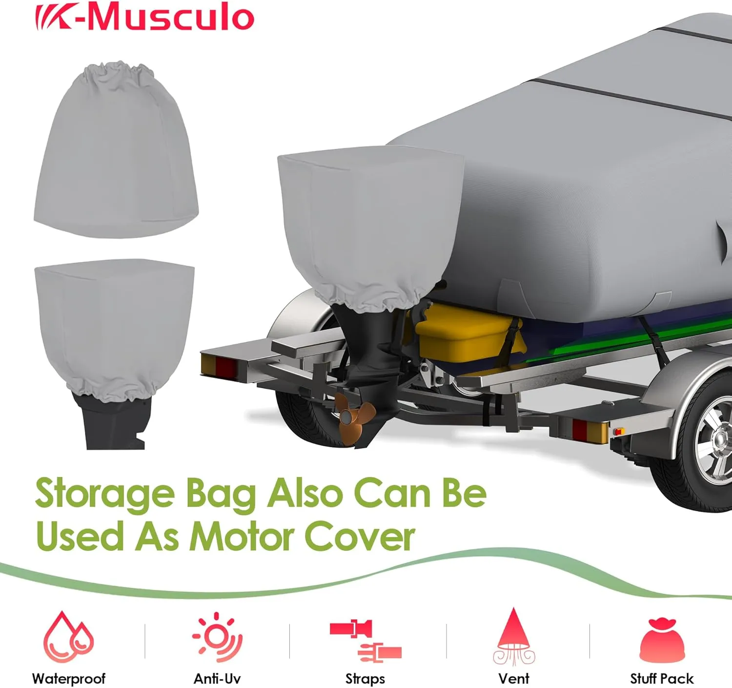 K-Musculo Boat Cover, 17-19 ft Heavy Duty 800D Waterproof Boat Cover, Tear UV Resistant Boat Cover with Motor Cover, Fits V-Hull, Tri-Hull, Runabout Boat Cover (Boat Width 96in, Grey), BC-Grey-19-96