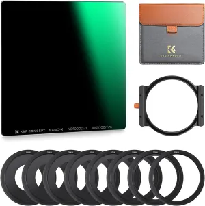 K&F Concept 100x100mm Square ND Filter Kit ND1000 (10 Stop)   1x Filter Holder   8 x Filter Rings with 28 Multi-Layer Coatings Compatible with Canon Nikon Camera Lens