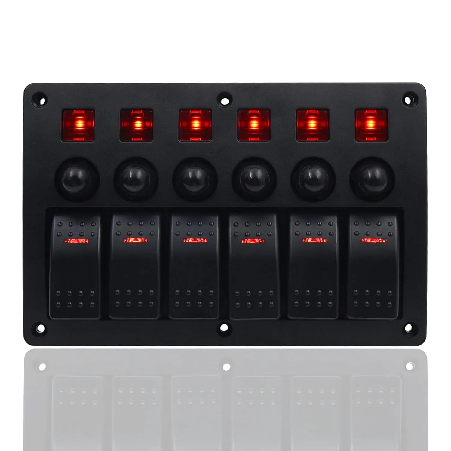 KAOLALI 6 Gang Rocker Switch Aluminum Panel, 12V Waterproof ON-Off Ignition Toggle Switch Panel with Red LED Lighted for Marine Boat Automotive Car RV Truck