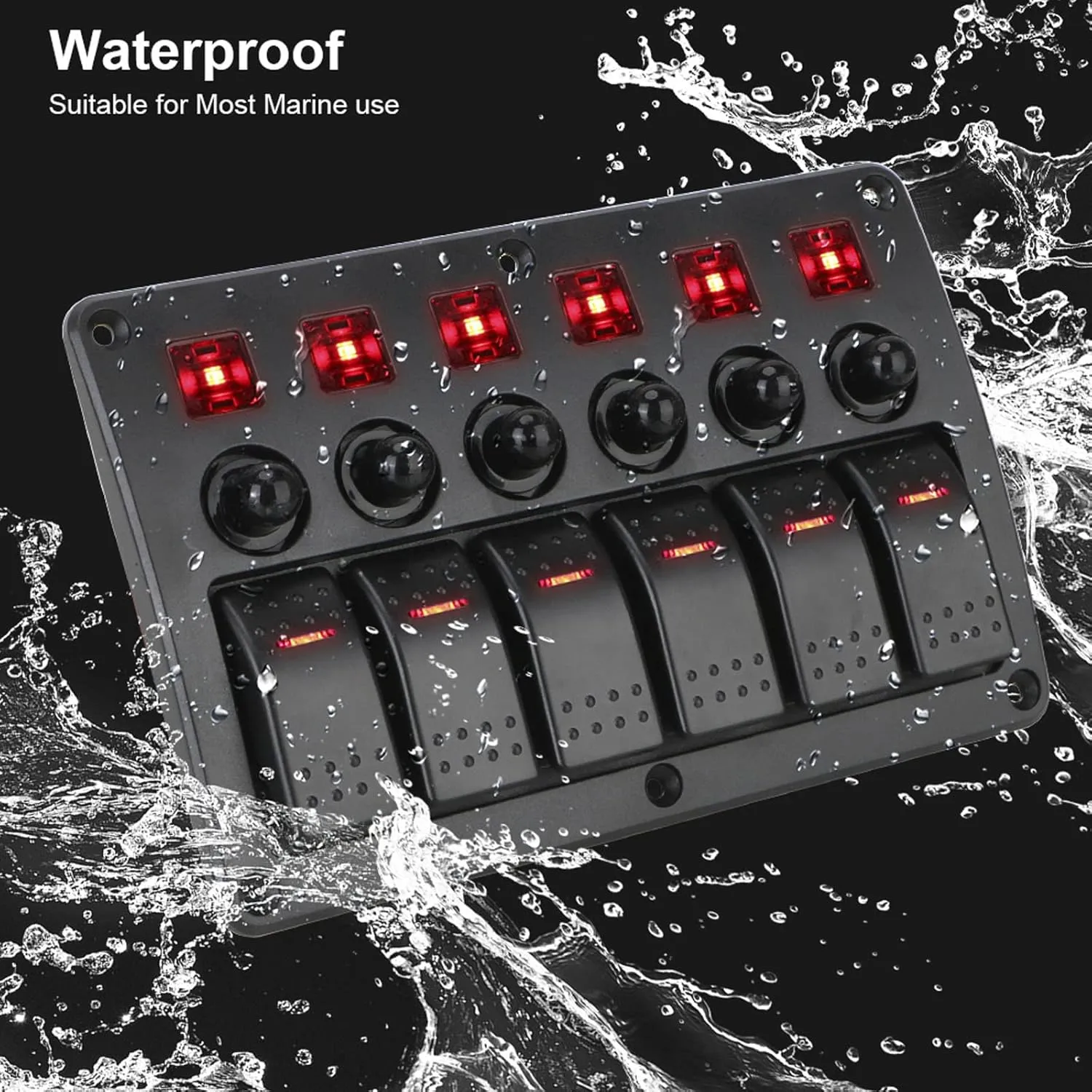 KAOLALI 6 Gang Rocker Switch Aluminum Panel, 12V Waterproof ON-Off Ignition Toggle Switch Panel with Red LED Lighted for Marine Boat Automotive Car RV Truck