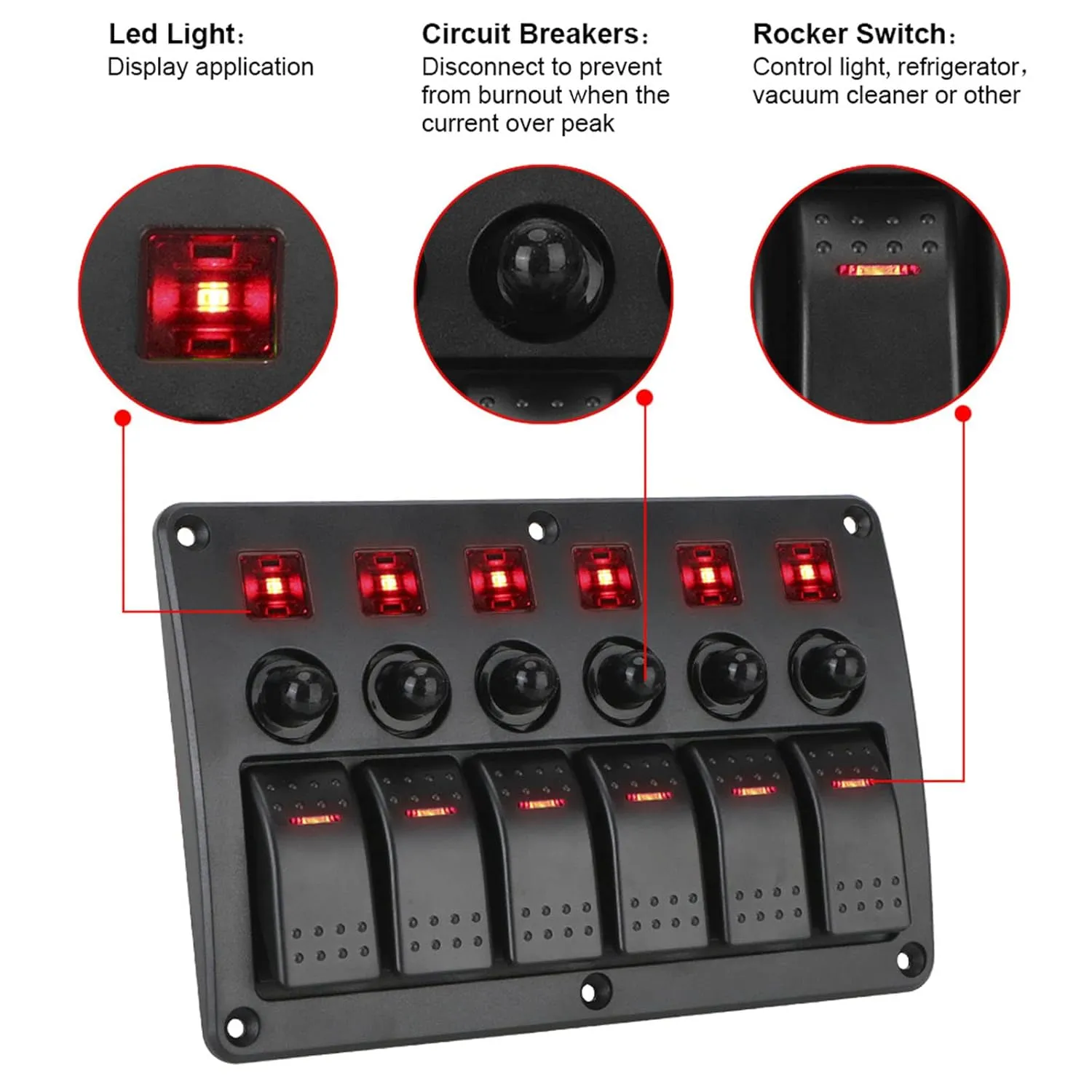 KAOLALI 6 Gang Rocker Switch Aluminum Panel, 12V Waterproof ON-Off Ignition Toggle Switch Panel with Red LED Lighted for Marine Boat Automotive Car RV Truck
