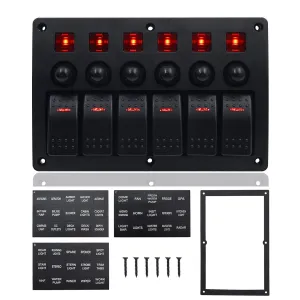 KAOLALI 6 Gang Rocker Switch Aluminum Panel, 12V Waterproof ON-Off Ignition Toggle Switch Panel with Red LED Lighted for Marine Boat Automotive Car RV Truck