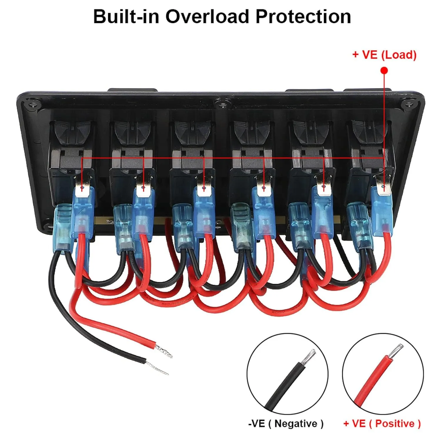 KAOLALI 6 Gang Rocker Switch Aluminum Panel, 12V Waterproof ON-Off Ignition Toggle Switch Panel with Red LED Lighted for Marine Boat Automotive Car RV Truck