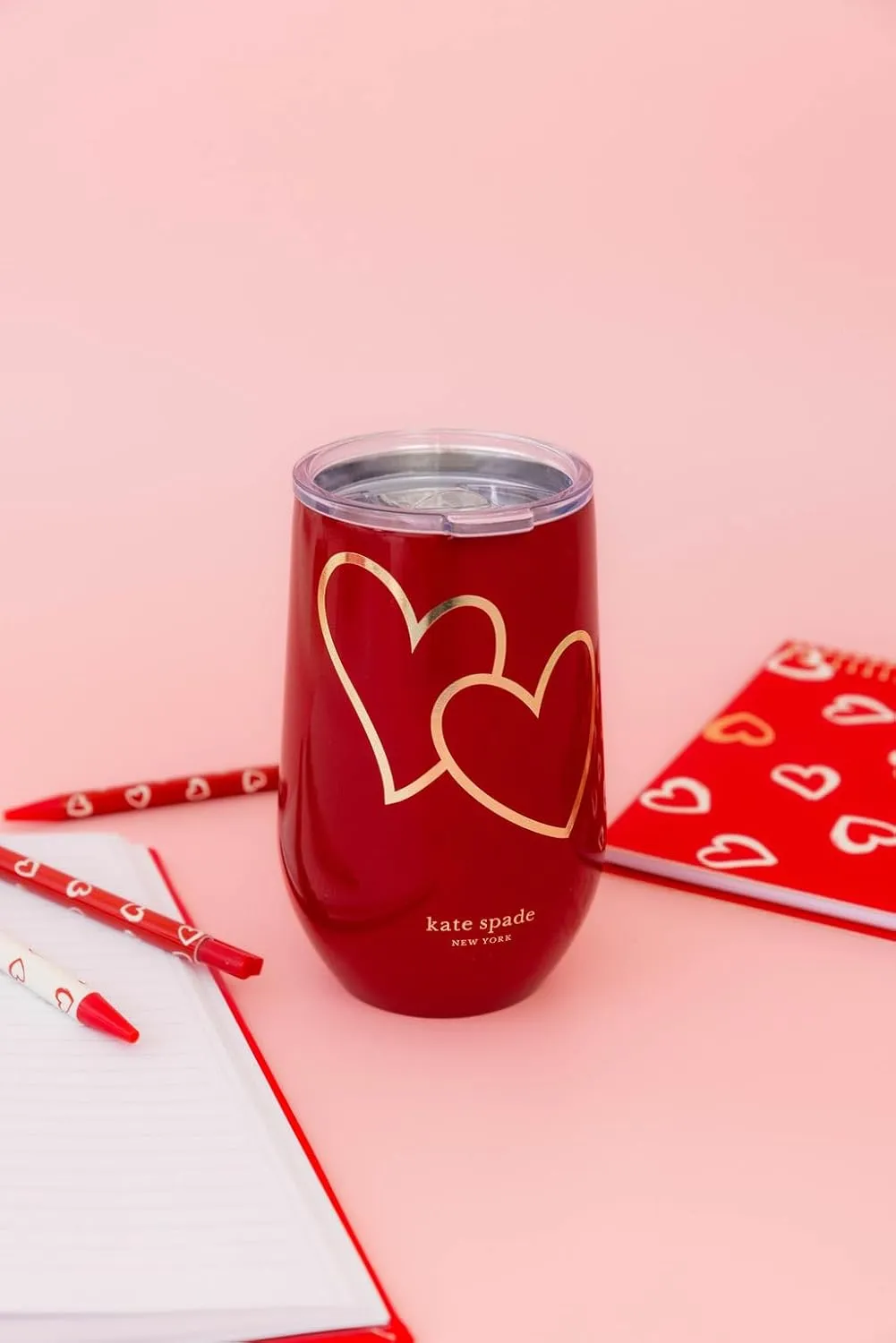 kate spade new york Insulated Stainless Steel Wine Tumbler, 16 Ounce Double Wall Tumbler, Stemless Travel Cup with Lid (Brushstroke Hearts)