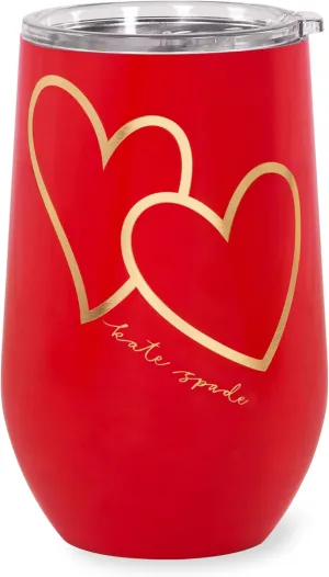 kate spade new york Insulated Stainless Steel Wine Tumbler, 16 Ounce Double Wall Tumbler, Stemless Travel Cup with Lid (Brushstroke Hearts)