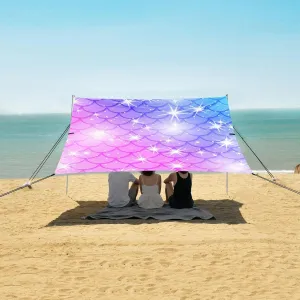 Kawaii Mermaid Scale Beach Canopy Tent Anti-UV & Wind Resistant, Glitter Sparkles Camping Sun Shelter Easy Setup Portable,Outdoor Shade Tents with Sandbags,Sand Shovels,Ground Pegs & Stability P