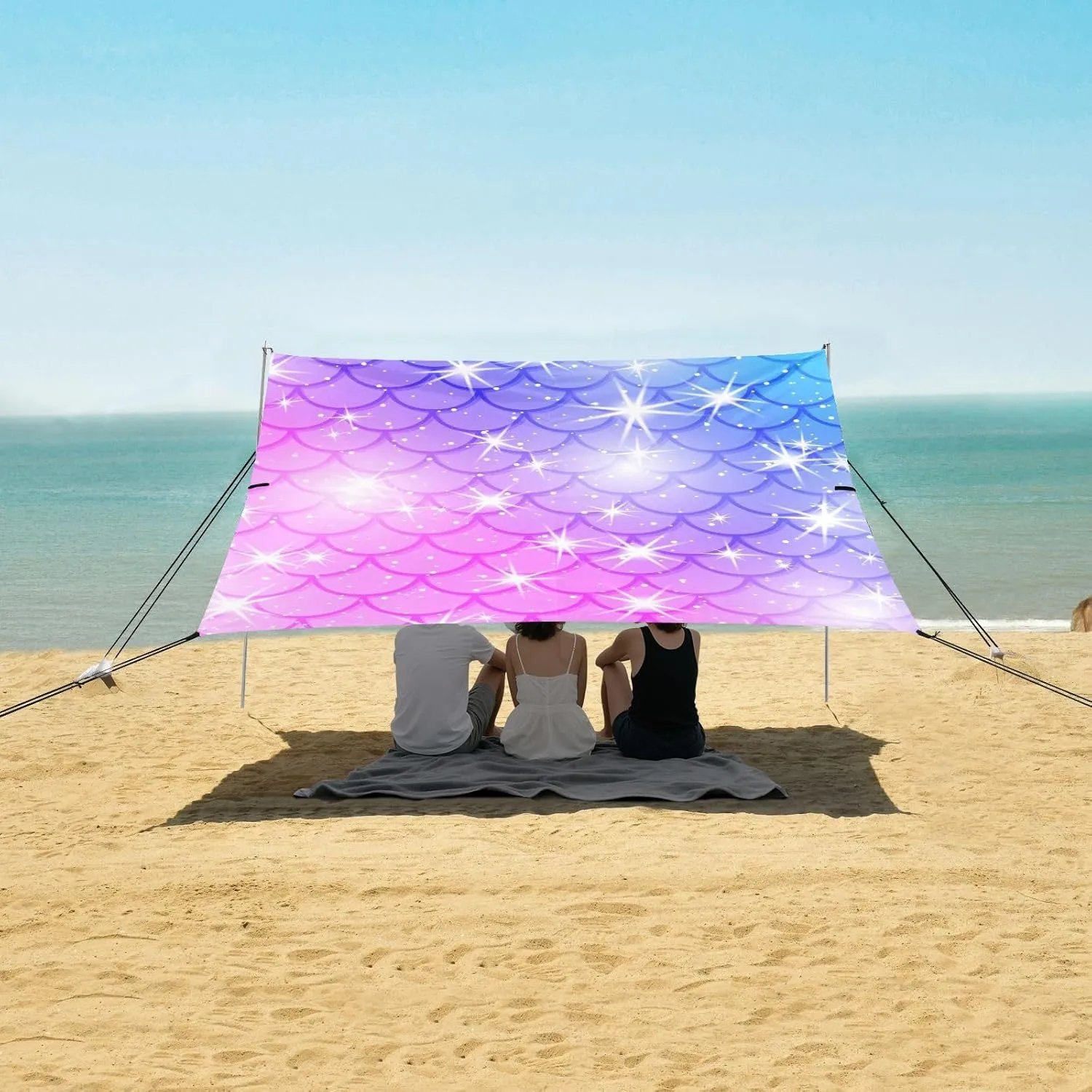 Kawaii Mermaid Scale Beach Canopy Tent Anti-UV & Wind Resistant, Glitter Sparkles Camping Sun Shelter Easy Setup Portable,Outdoor Shade Tents with Sandbags,Sand Shovels,Ground Pegs & Stability P