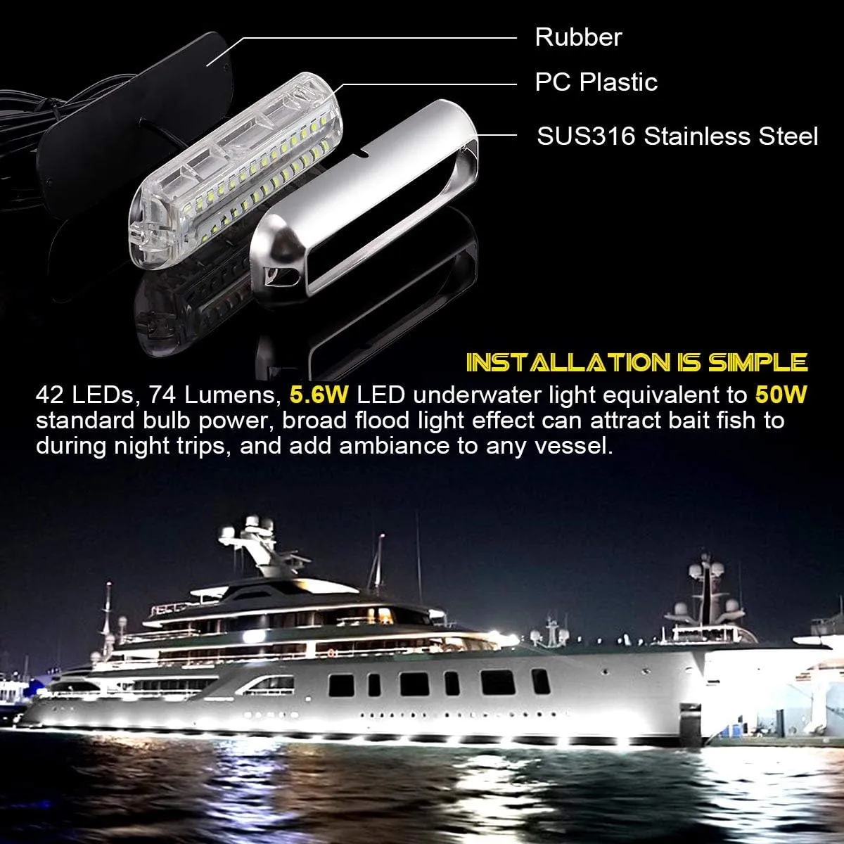 Kawell 42 LED Waterproof IP68 Stainless Steel Underwater Pontoon Marine Navigation Lights - Stern Boat Transom Lights (White 2pcs)